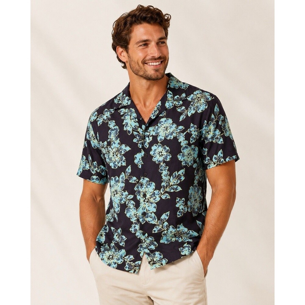 Max Boy International Mens Large Hawaiian Shirt Blue Floral Button Down Large